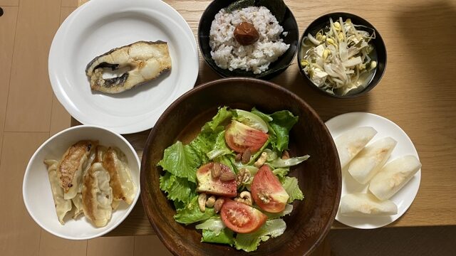 カレイの塩焼き、雑穀ごはんと海苔と梅干し、味噌汁
餃子、トマトとレタスとナッツ、梨